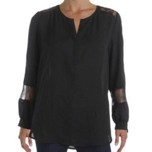 Fever Women's Sheer Lace Trim Inset Long Sleeve Tie Cuff Blouse Black Sz Medium